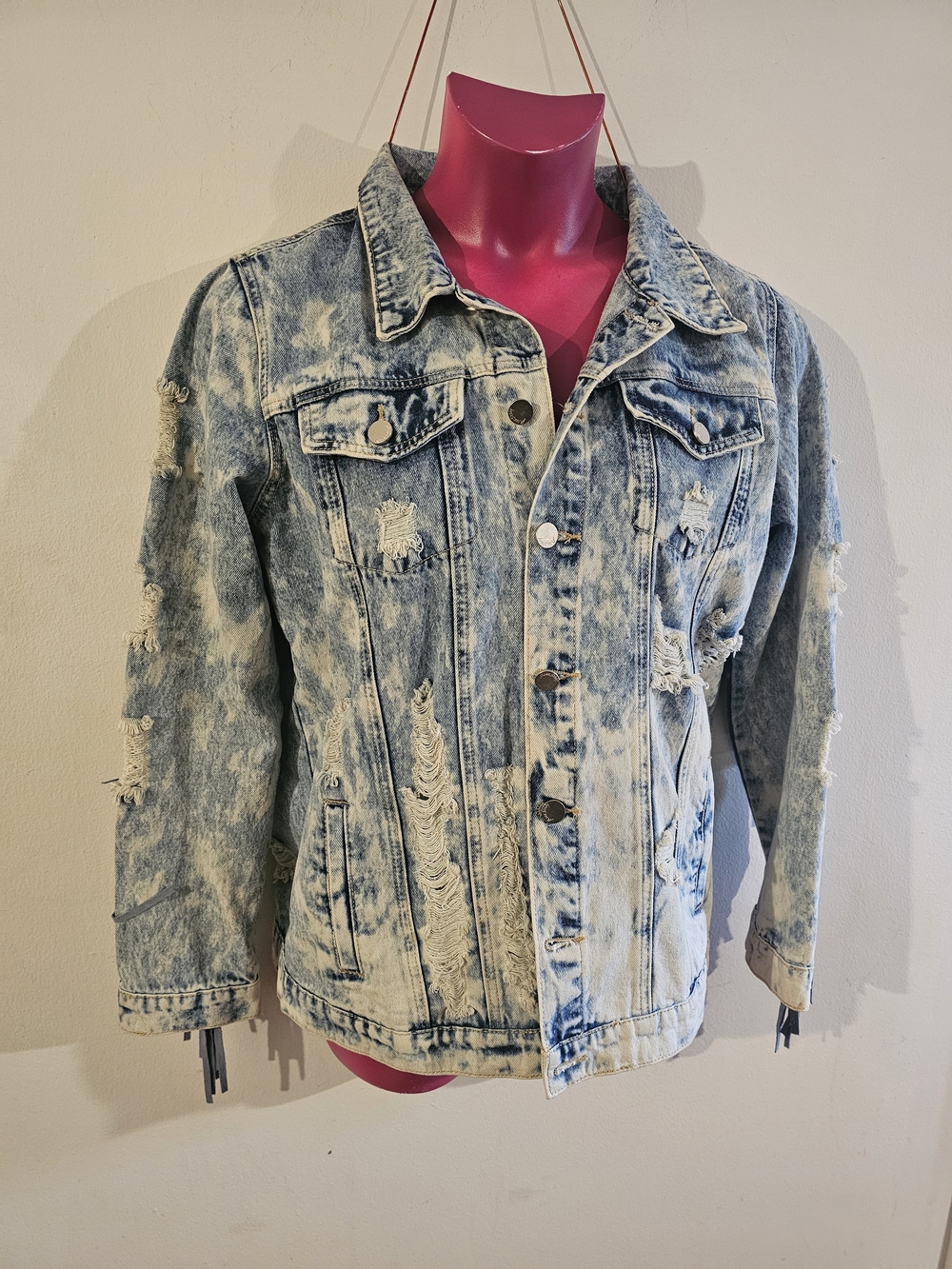 FIRNGE Distressed Acid-Wash Denim Jacket - Light Blue